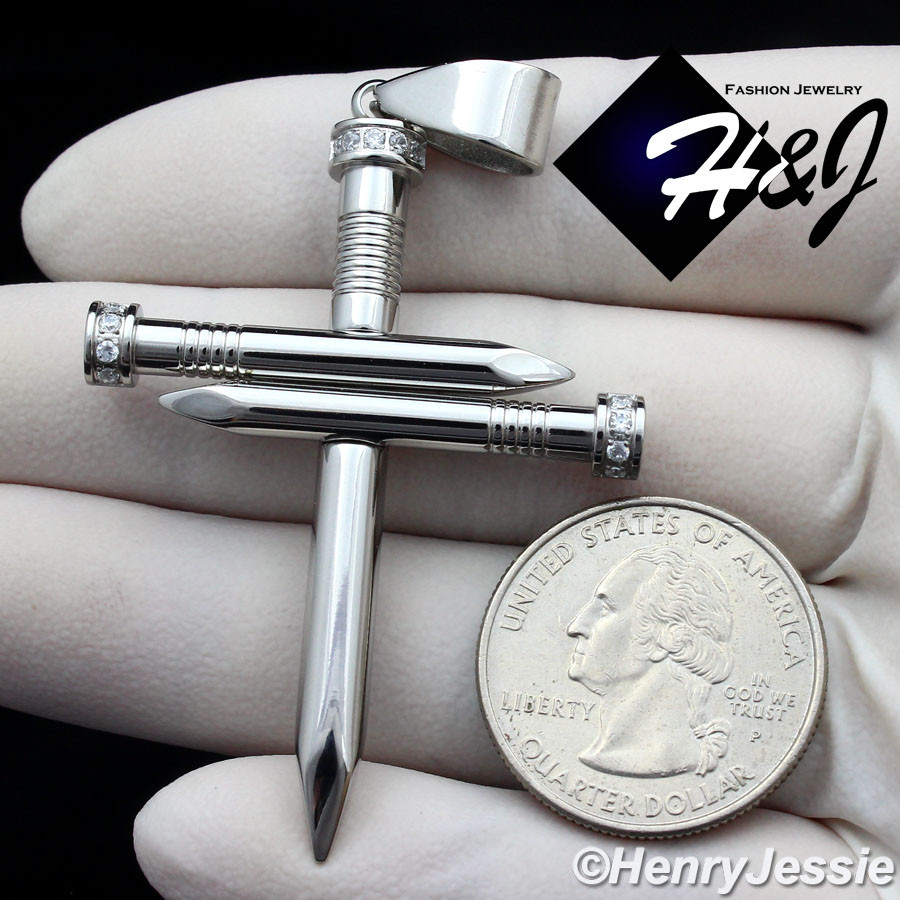 MEN’s Stainless Steel Silver Bling Cubic Zirconia Nail Cross Charm Pendant*P104
