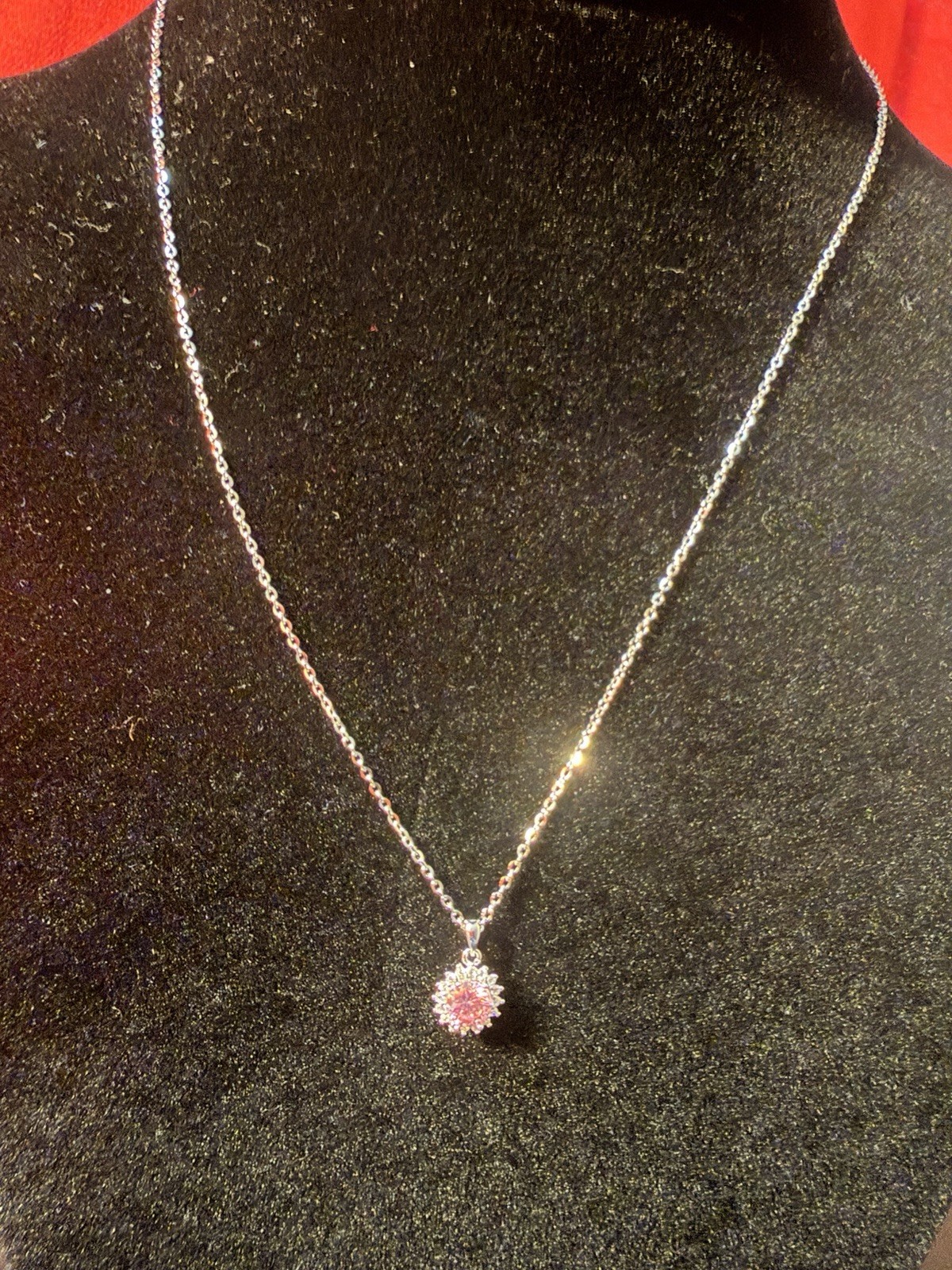 Silver Round Pink Lab-Created Moissanite Cluster Pendant Necklace 18 in GRA