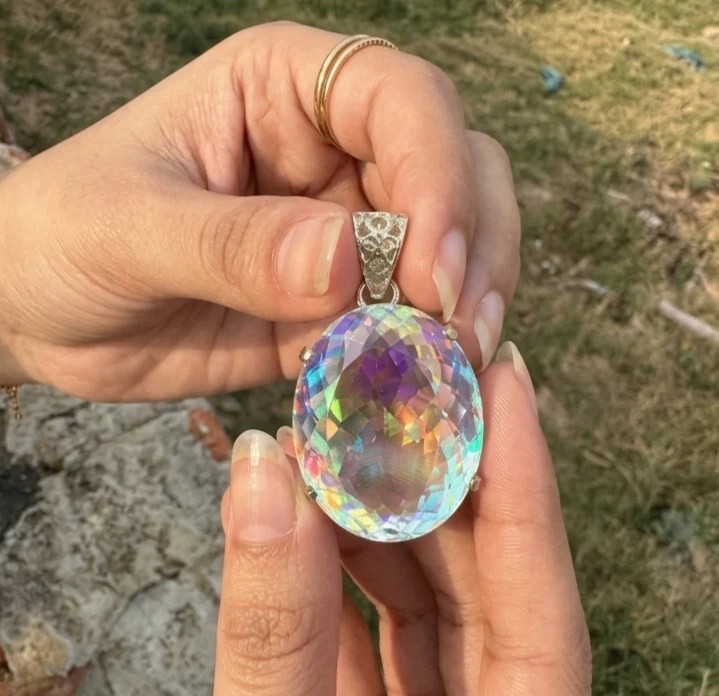 GIE Certified Mystic Topaz Pendant 925 Solid Silver 74.58 CT Oval Cut Gemstone A
