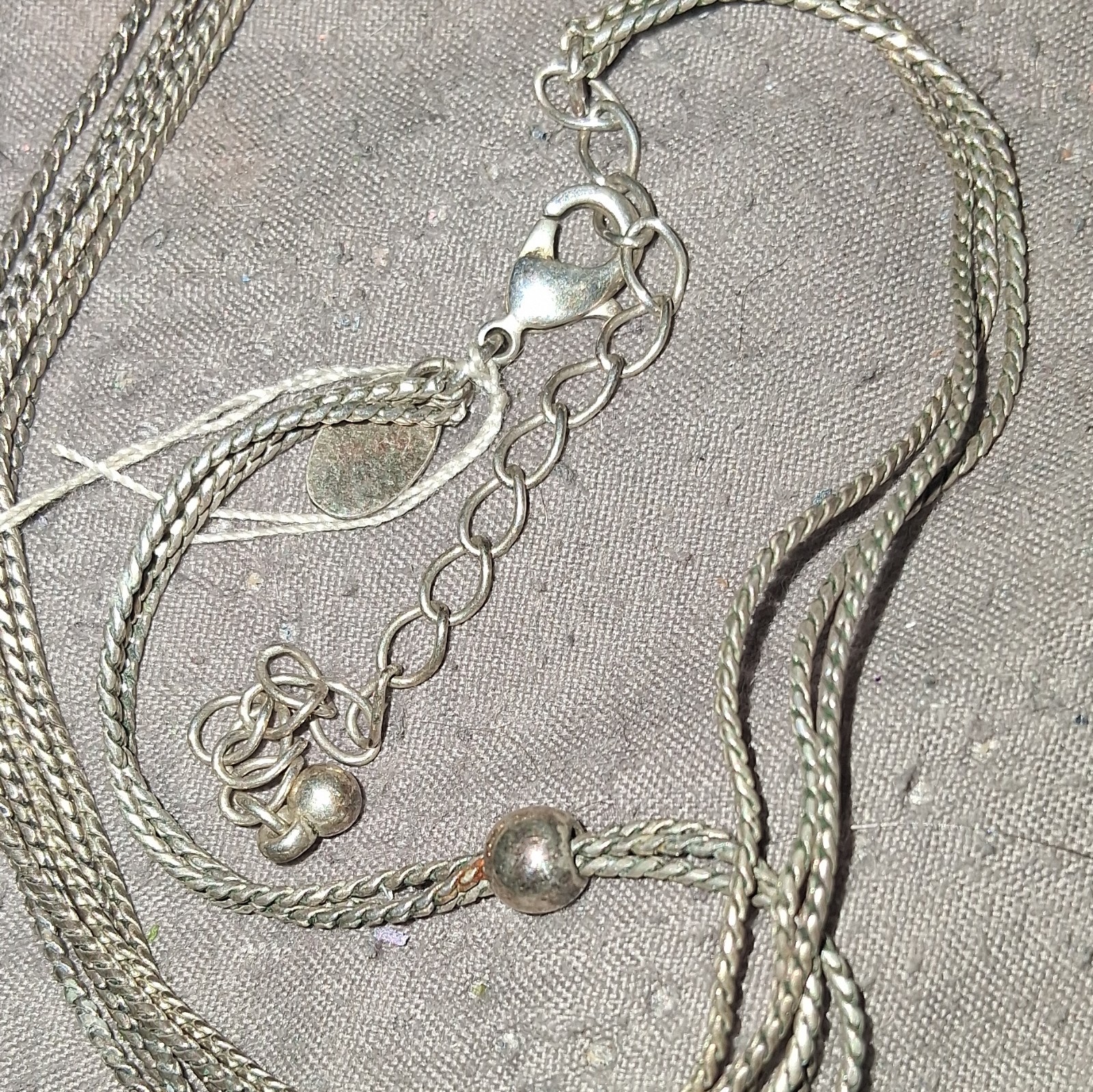Silver Tone Multi-Strand Herringbone Necklace Heart/Disc Charms Adj