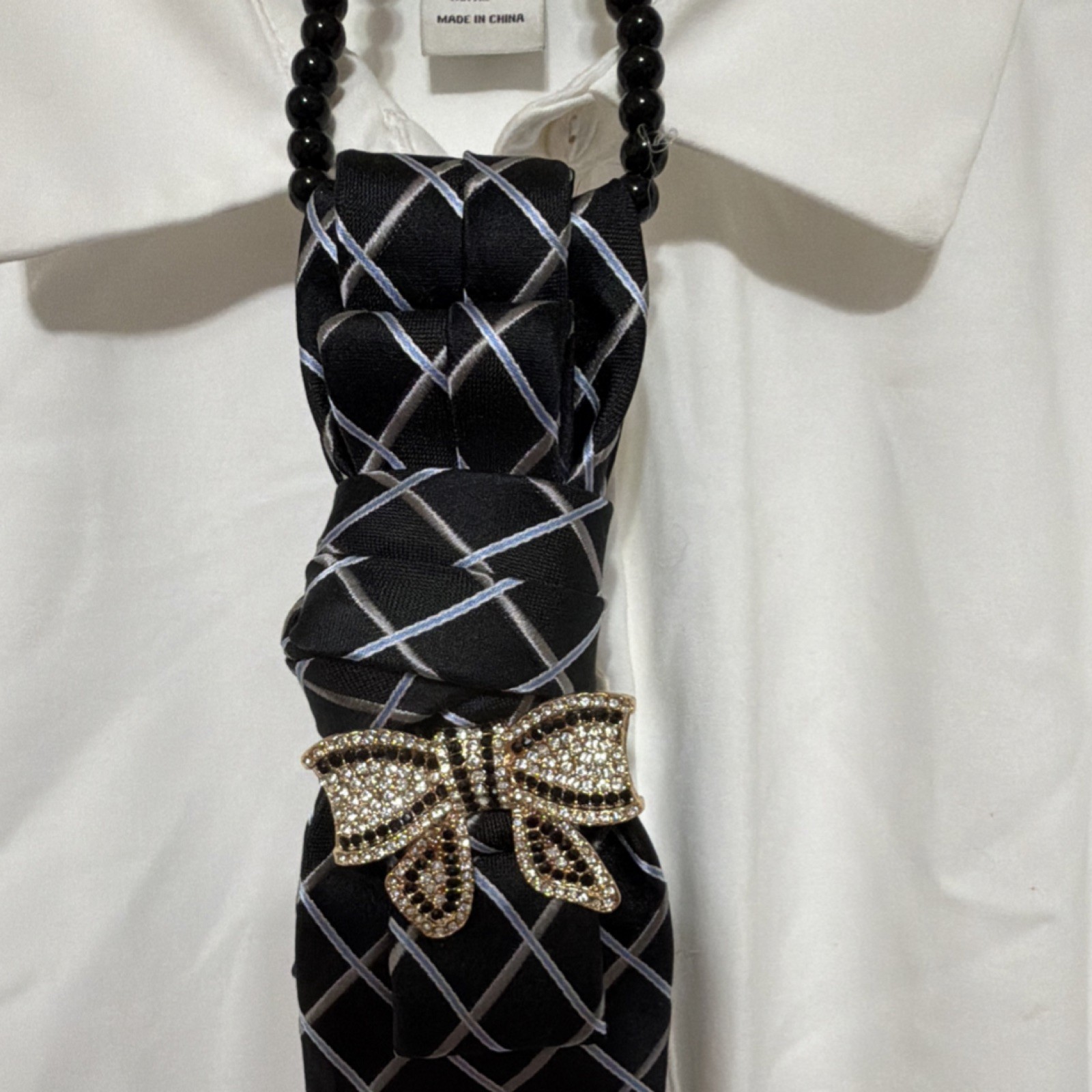 Women’s Jewerly Tie Black White Checkered Designer Style with Bow Accent