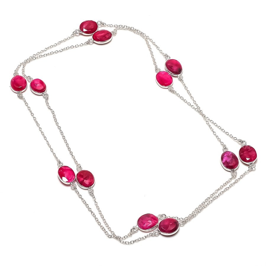 Faceted Red Kashmir Rubi Gemstone 925 Sterling Silver Jewelry Necklace 36″ Z321