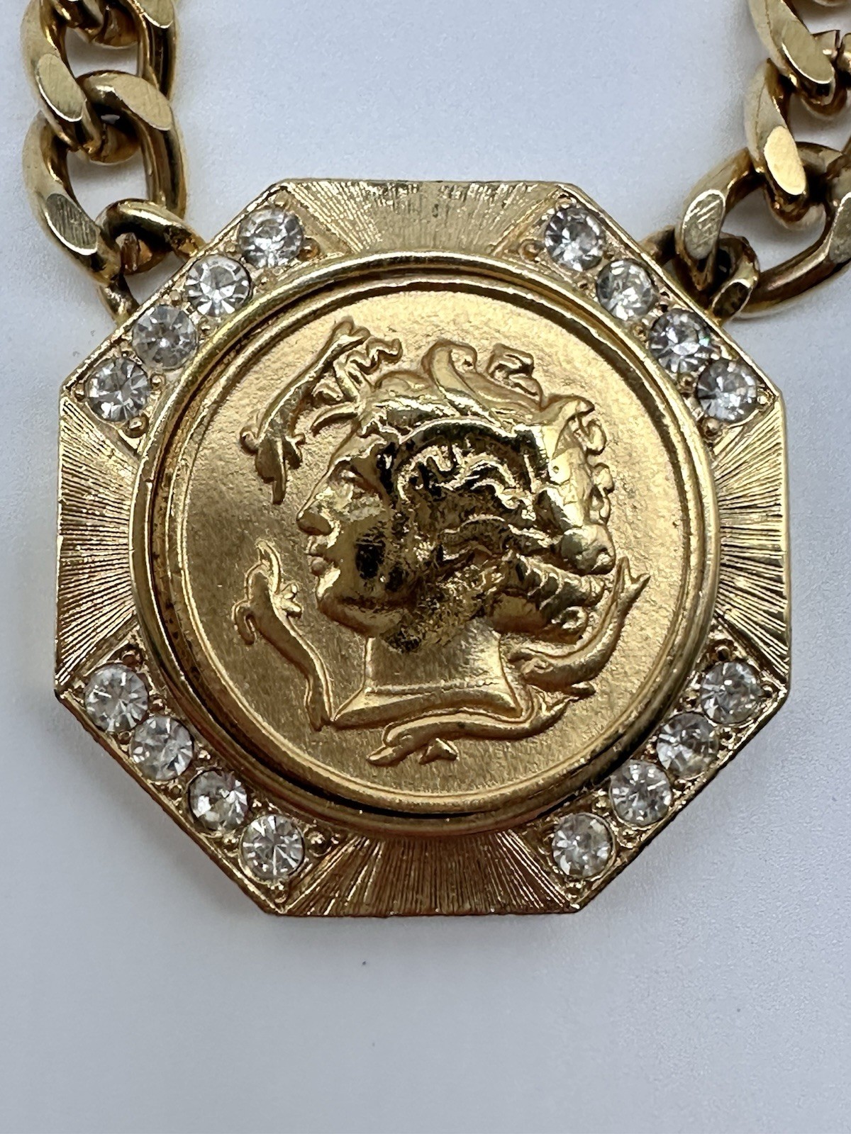 Gold Tone Miami Curb Chain/Crystal Accents/Roman French Emp. Faux Coin Pendant