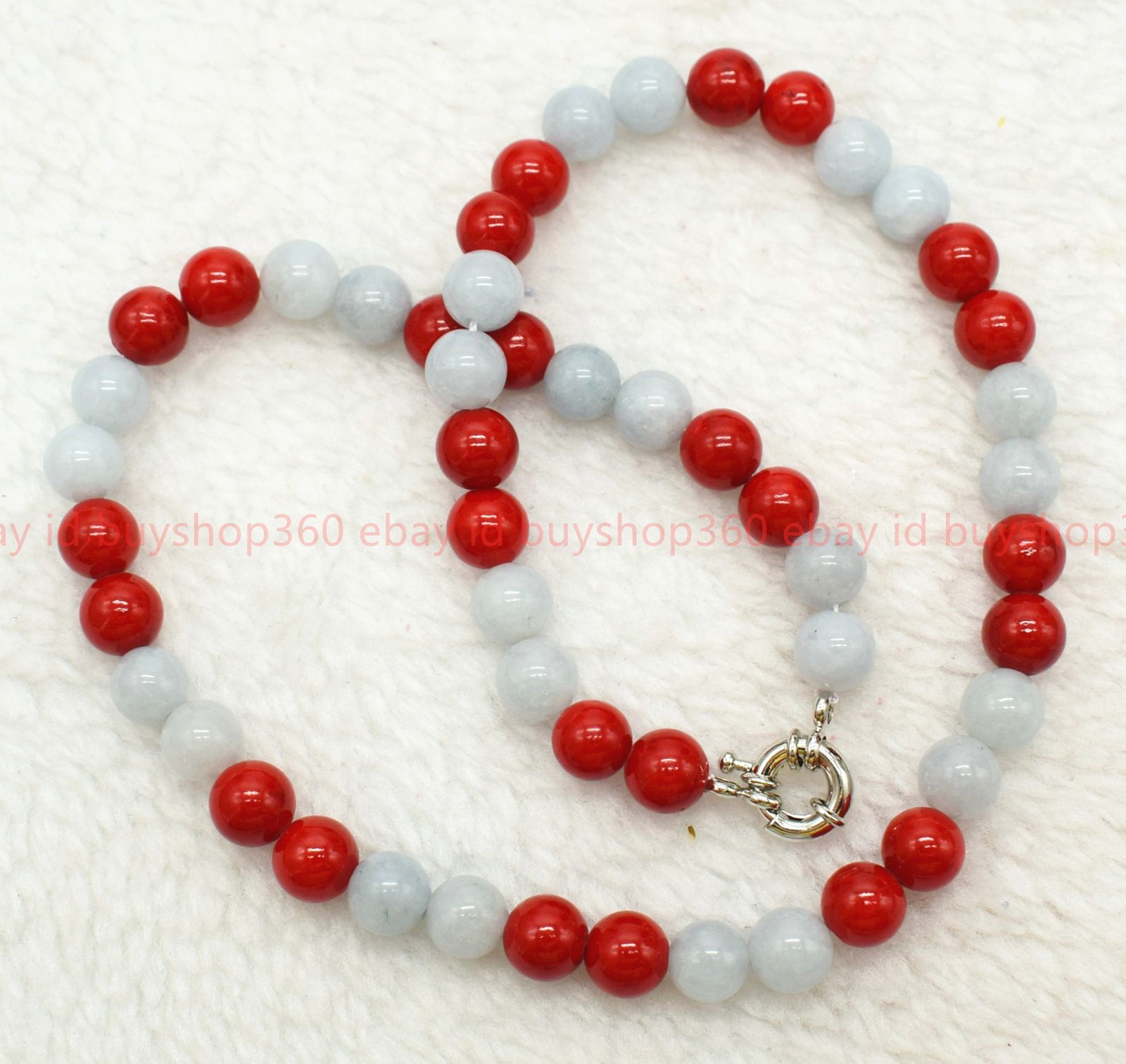 Fashion Natural 8/10mm Red Coral Sea Blue Treasure Jade Round Necklace 18-26in