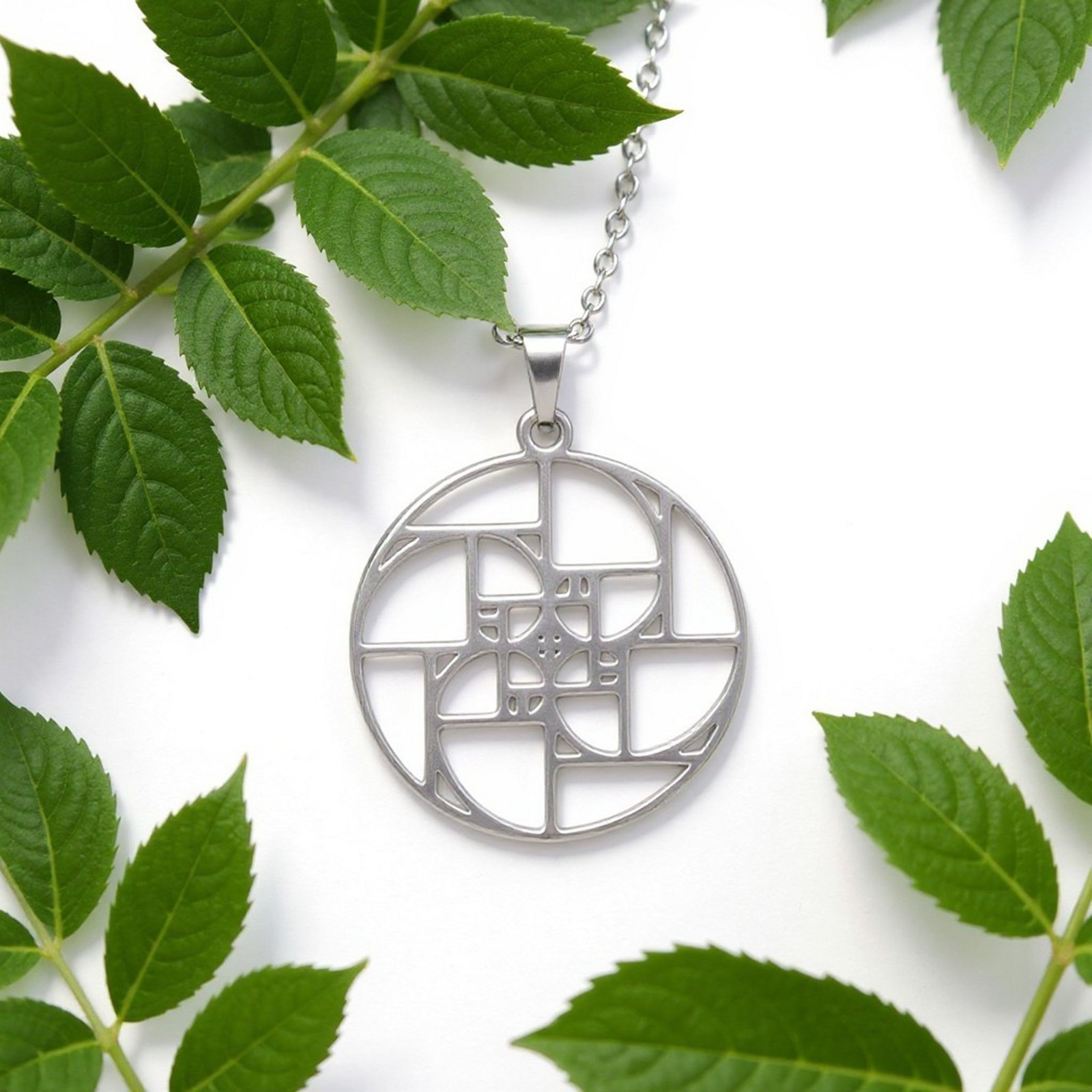 Fibonacci Spiral Necklace Silver Stainless Steel Sacred Geometry Pendant Unisex
