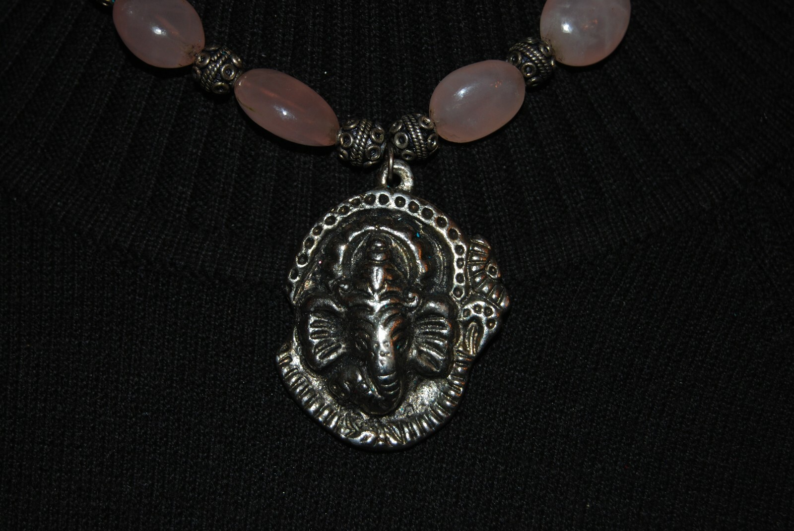 ELEPHANT SILVER TONED PENDANT WITH PINK NATURAL & GLASS BEADS STRAND NECKLACE