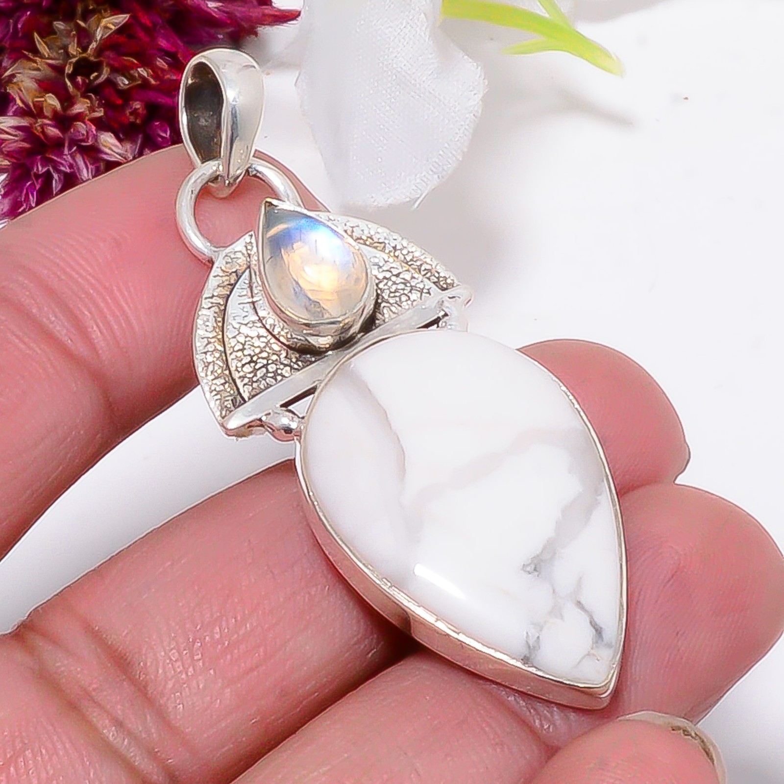 Natural White Howlite – United States, Moonstone 925 Silver Pendant 2.15″ Sku38