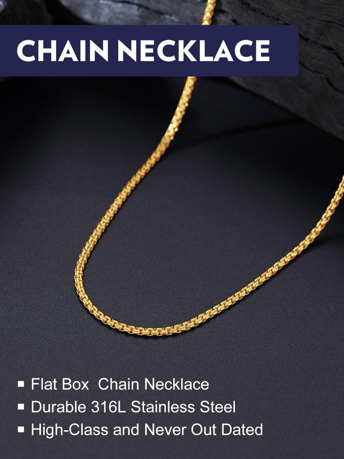 Solid Stainless Steel Flat Box Link Chains 2MM-8MM Silver/Gold/Black Rolo Neckla