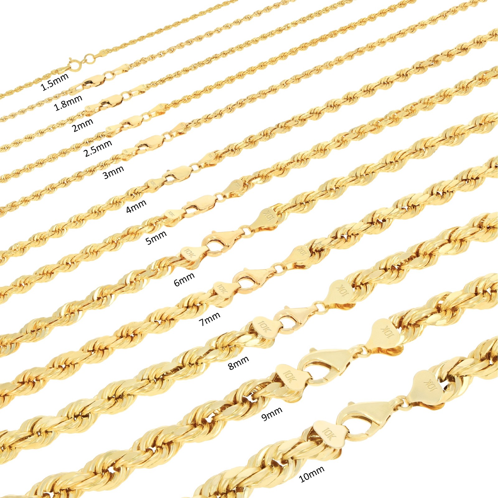 10K Yellow Gold 1mm-8mm Solid Diamond Cut Rope Chain Bracelet 7″ 7.5″ 8″ 8.5″ 9″