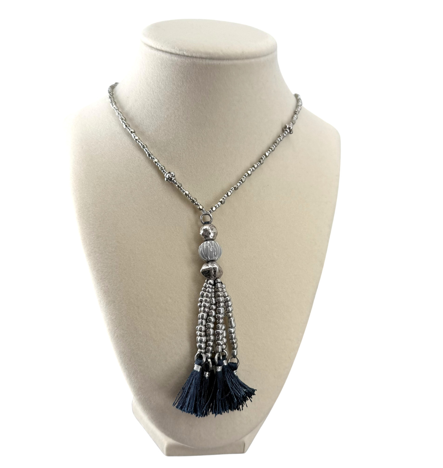 J Jill Tassel Necklace Silver Tone Beaded Blue Pendant Boho Long 32″ Coastal NWT
