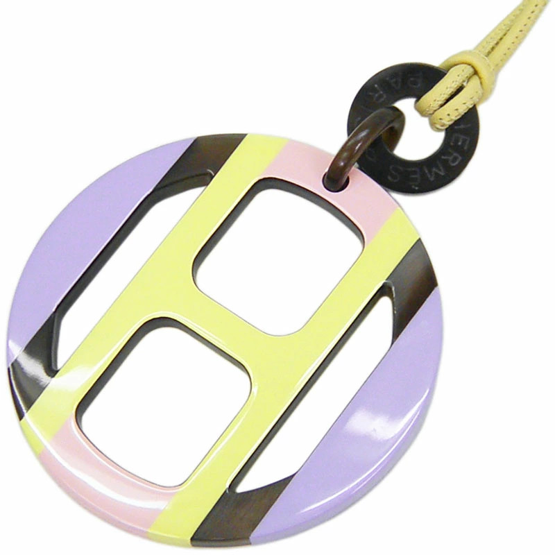 Hermes Buffalo Horn Pendant Necklace Yellow/Pink/Purple 6.5in Top 75in Cord