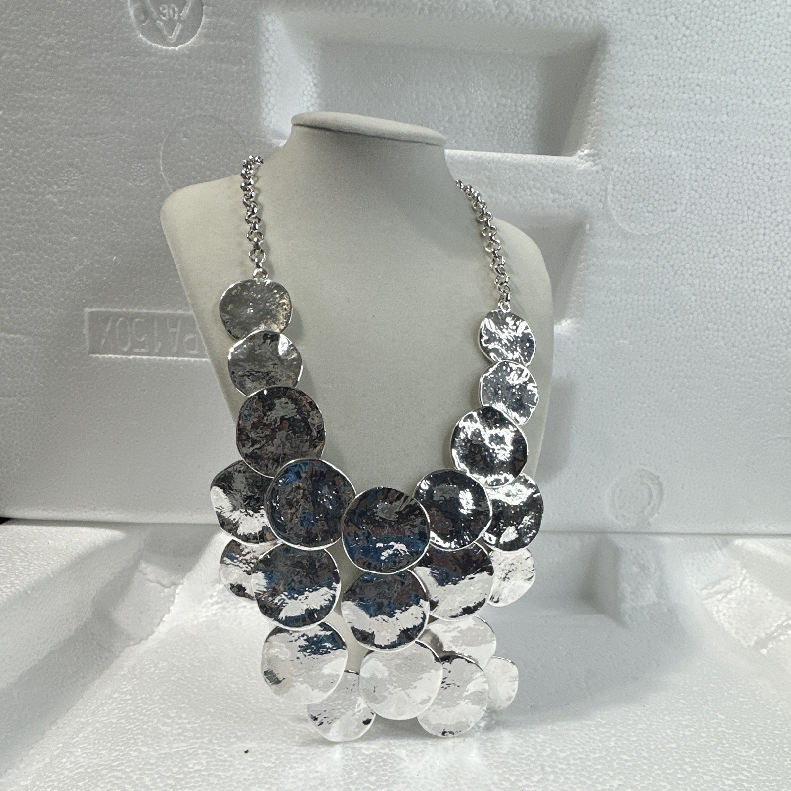 KR Silver Tone Disc Statement Oval Link Chain Necklace Adjustable Signed