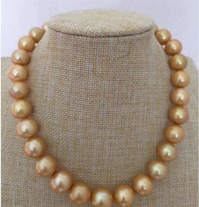 GORGEOUS HUGE 13-15MM SOUTH SEA ROUND GOLD PEARL NECKLACE 18INCH