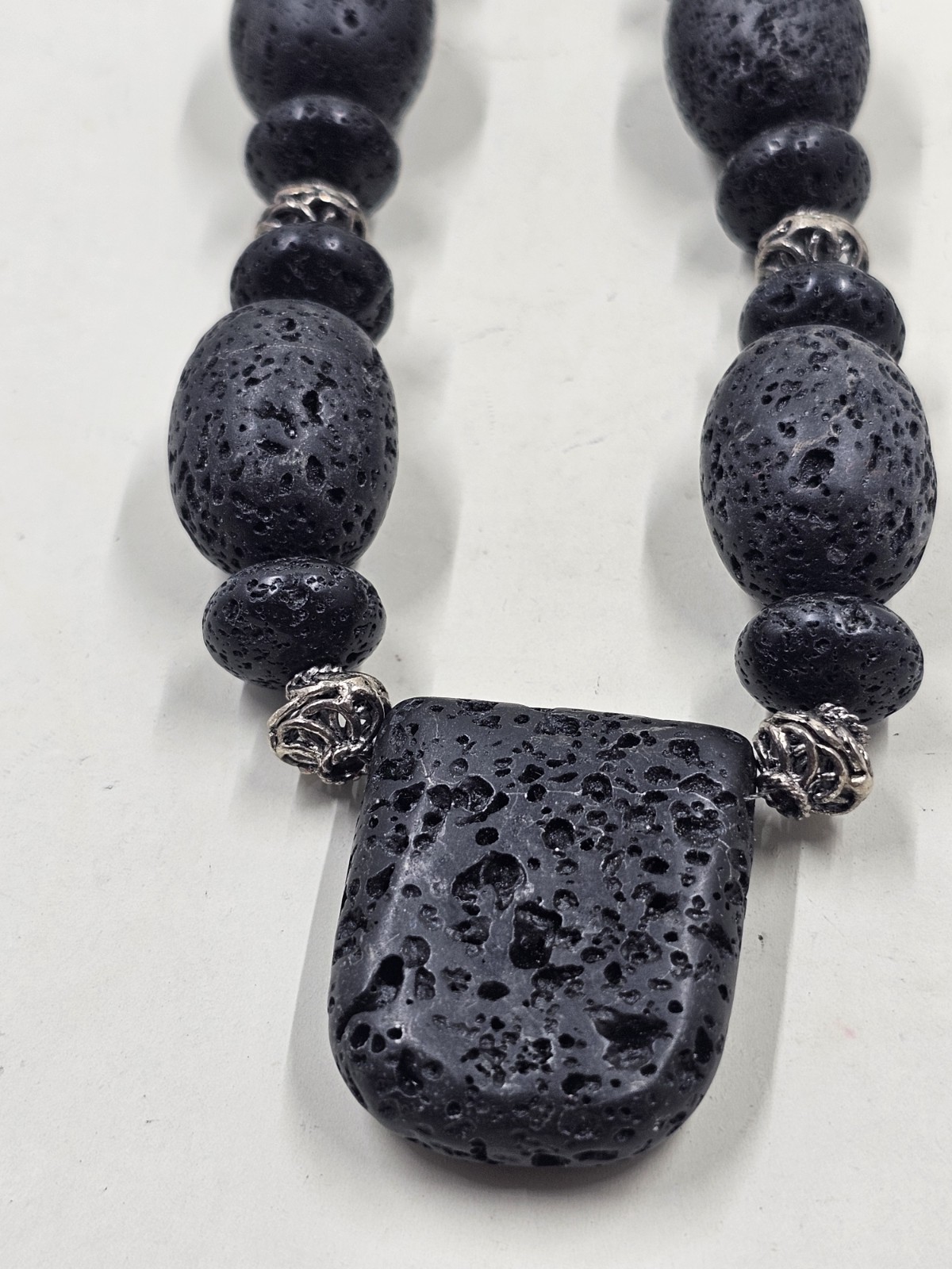 Black Lava Rock Bead Necklace Silver Accent Beads Large Pendant 20″ Statement