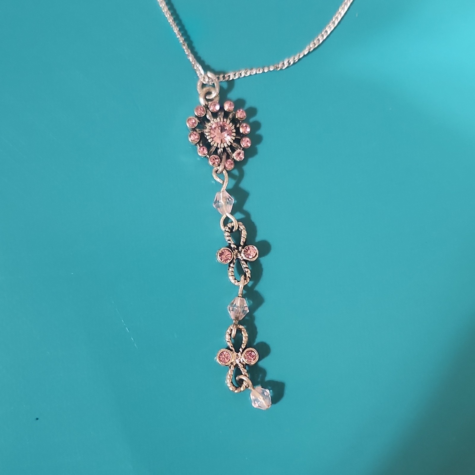 Adult Jewels Silver Tone Y-Drop Necklace, Pink Glass Flower Pendant, Oval Link