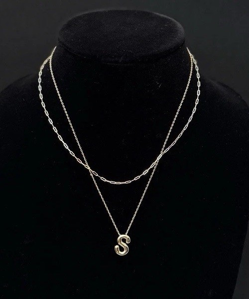 2 Pcs 14K Gold Flash-Plated Puff Initial “S” Layered Necklace & Paperclip Chain