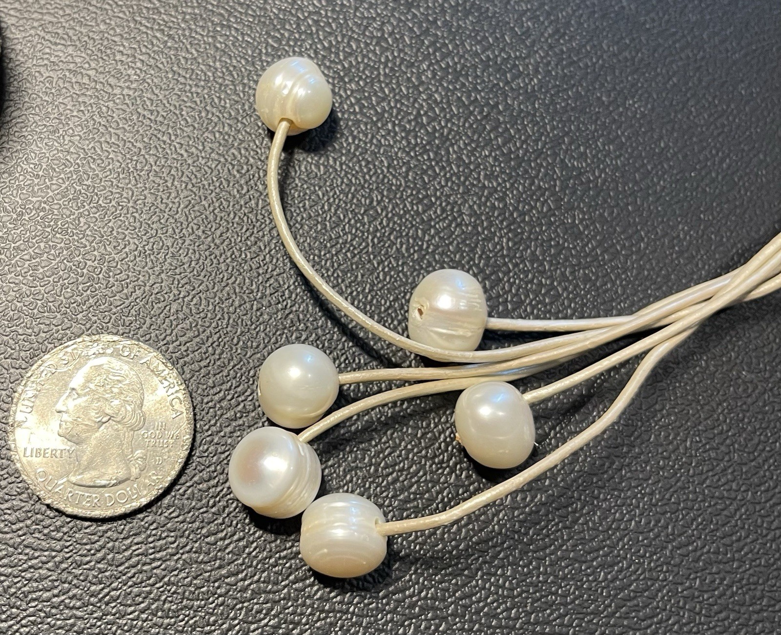 Vintage White 6 Pearl Necklace Beige Tassel Leather Rope Lariat Jewelry 38”