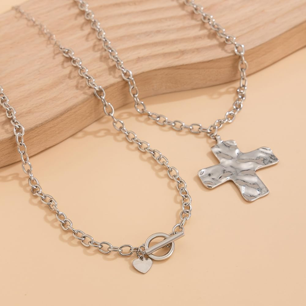 Layered Chunky Cross Necklace for Women，Multilayer Punk Hammered Choker,Trendy H