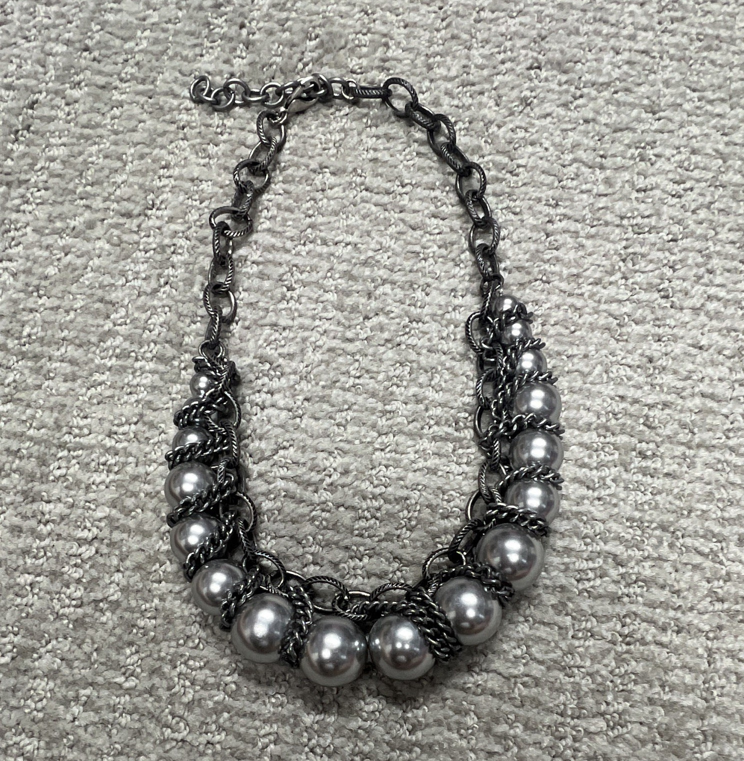 Silver Tone Cable Chain Statement Necklace Gray Simulated Pearl Beads Adj