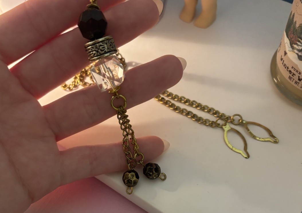 Vintage Gold Tone Necklace Black Beads Clear Crystal Tassel Pendant