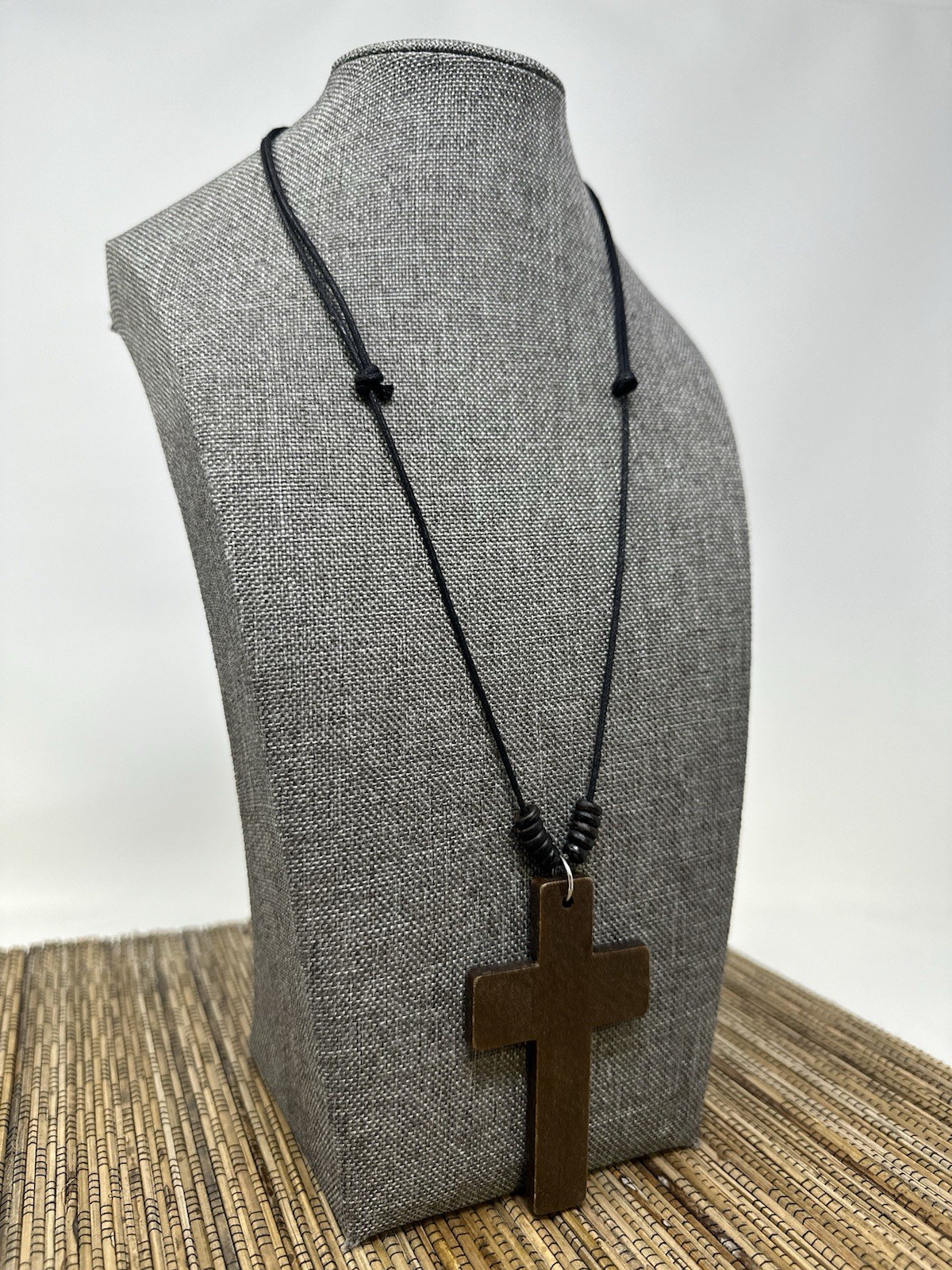 Wooden Cross Necklace 3in Brown Pendant Adjustable 16‑30in Sliding Knots Unisex