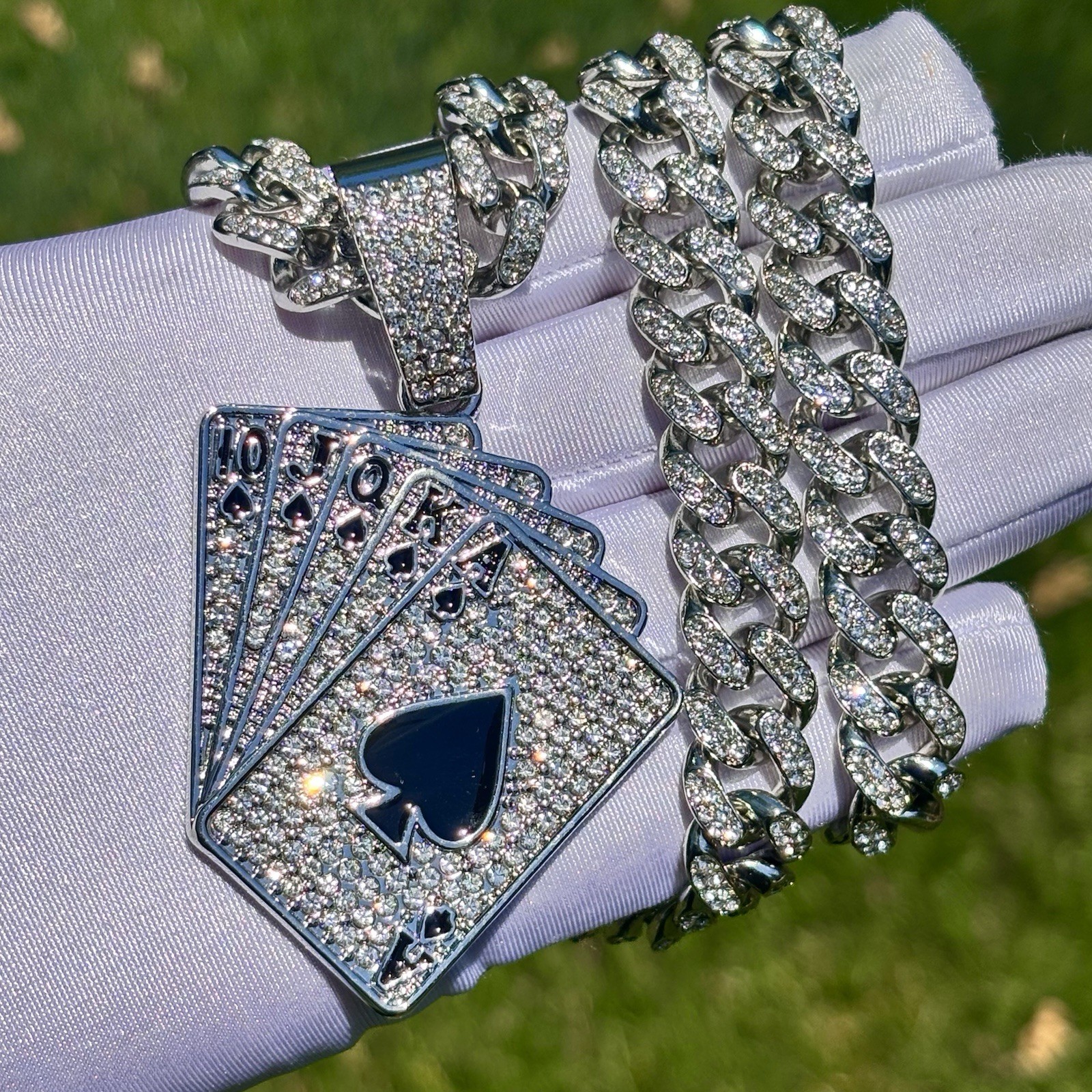 Royal Flush Pendant / Iced out Cuban Link Chain Necklace White Gold Plated