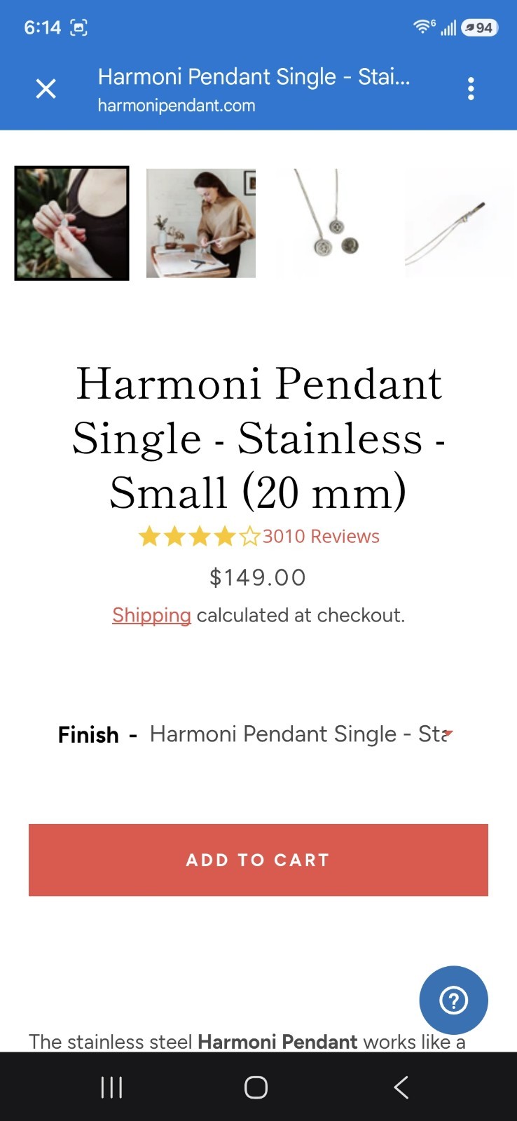 Harmoni Pendant Signed Stainless Steel Silver 20mm Round Charm Necklace