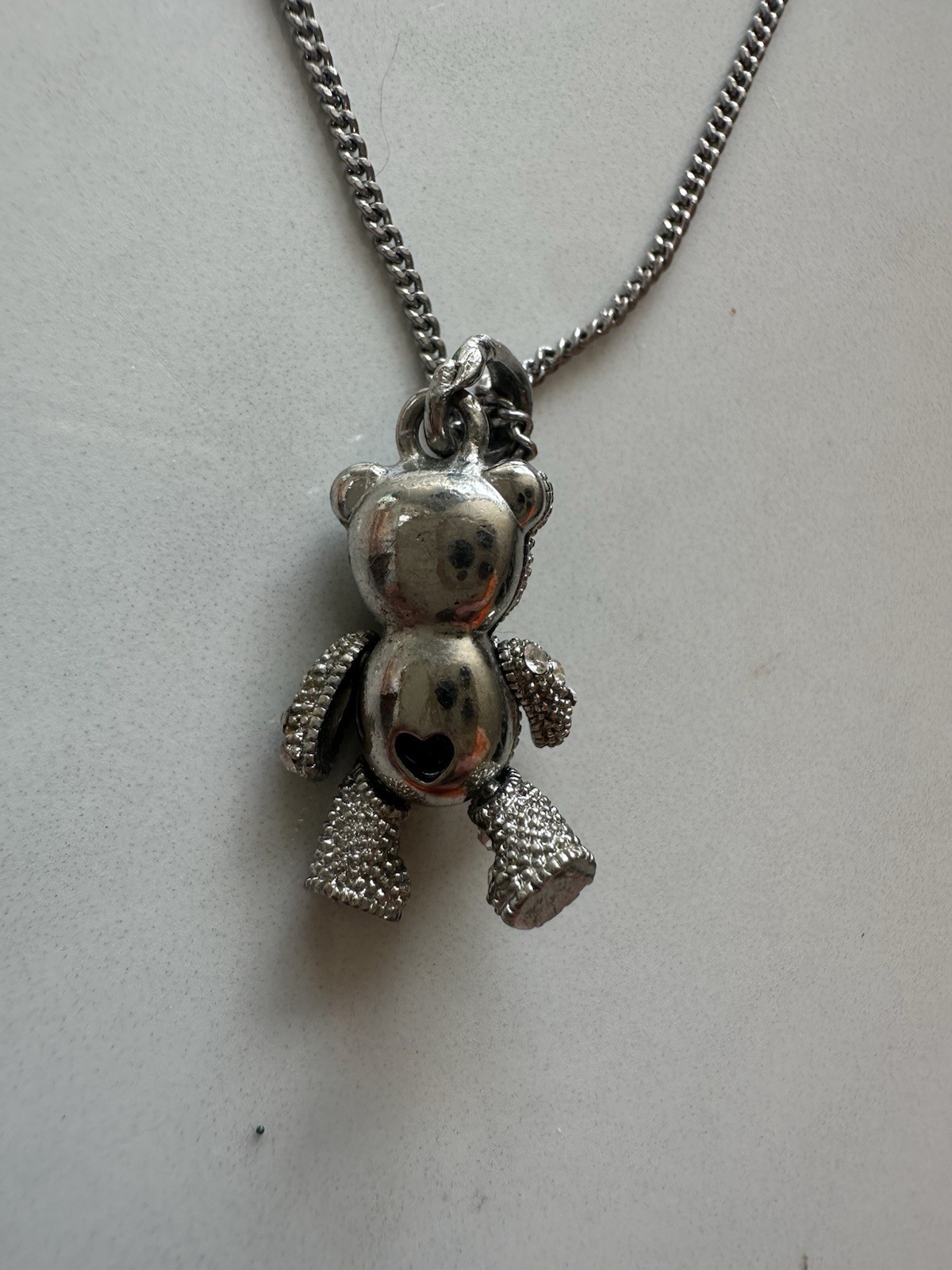 Vintage Style Articulated Rhinestone Teddy Bear Pendant Necklace Silver Tone