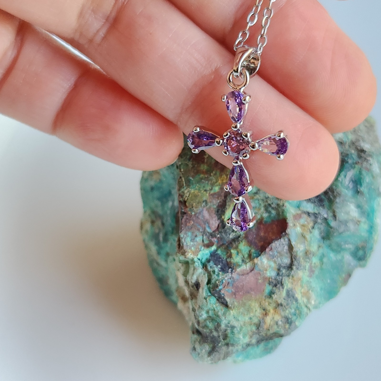 14k White Gold-Plated Pear Purple Amethyst CROSS 1” Pendant free chain