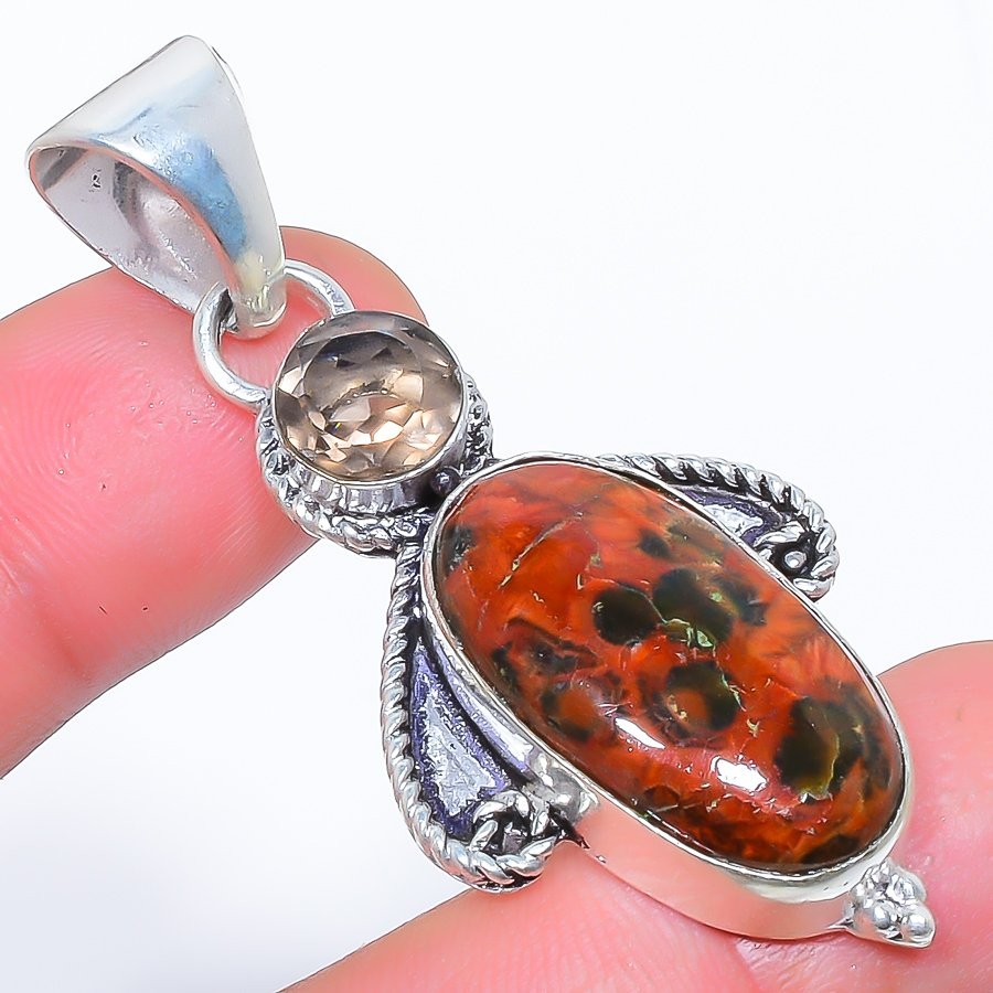 Natural Red Jasper, Smokey Quartz Gemstone 925 Silver Plated Pendant 2.2″ T305