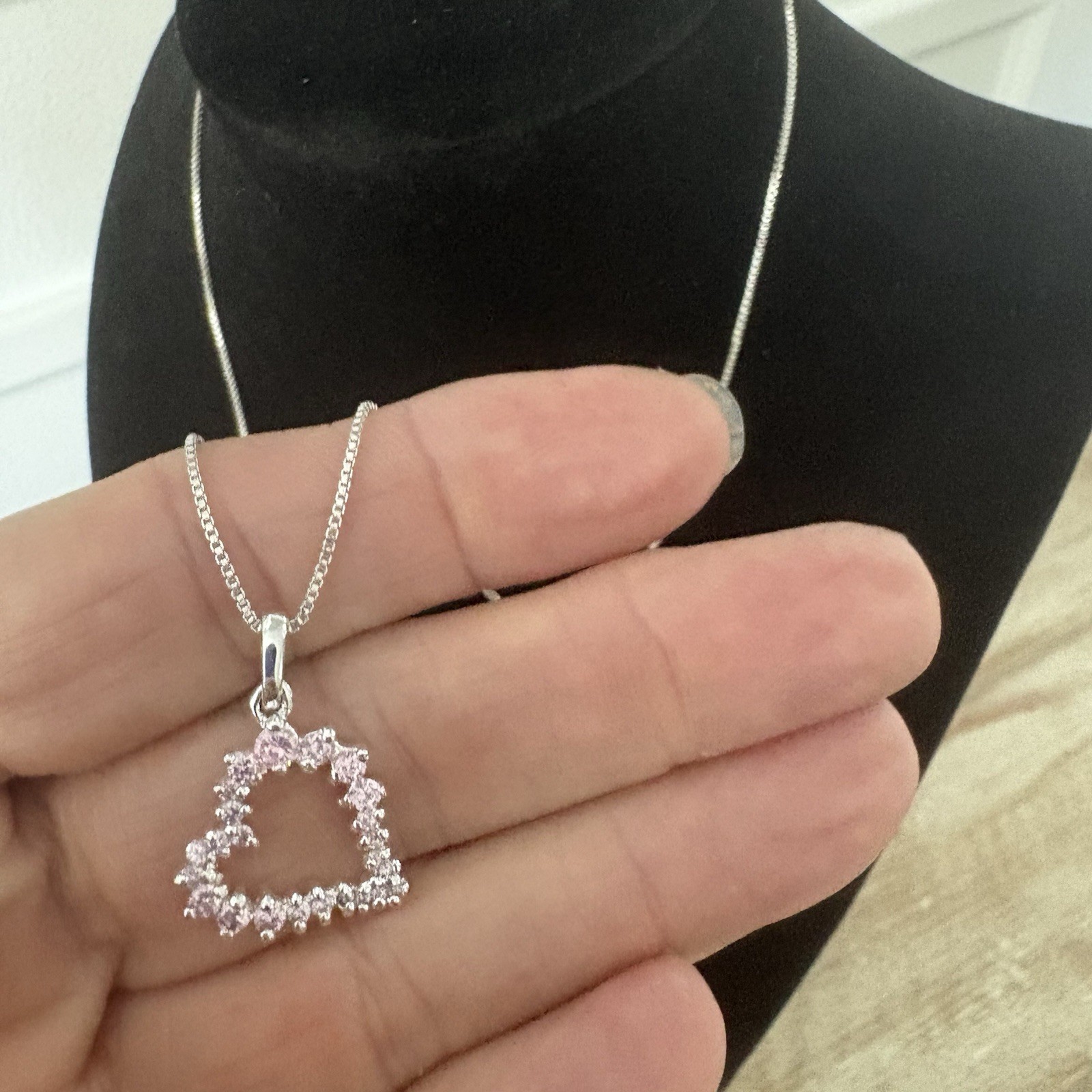 925 Sterling Silver Italy Box Chain Necklace Pink CZ Heart Pendant 18” Excellent