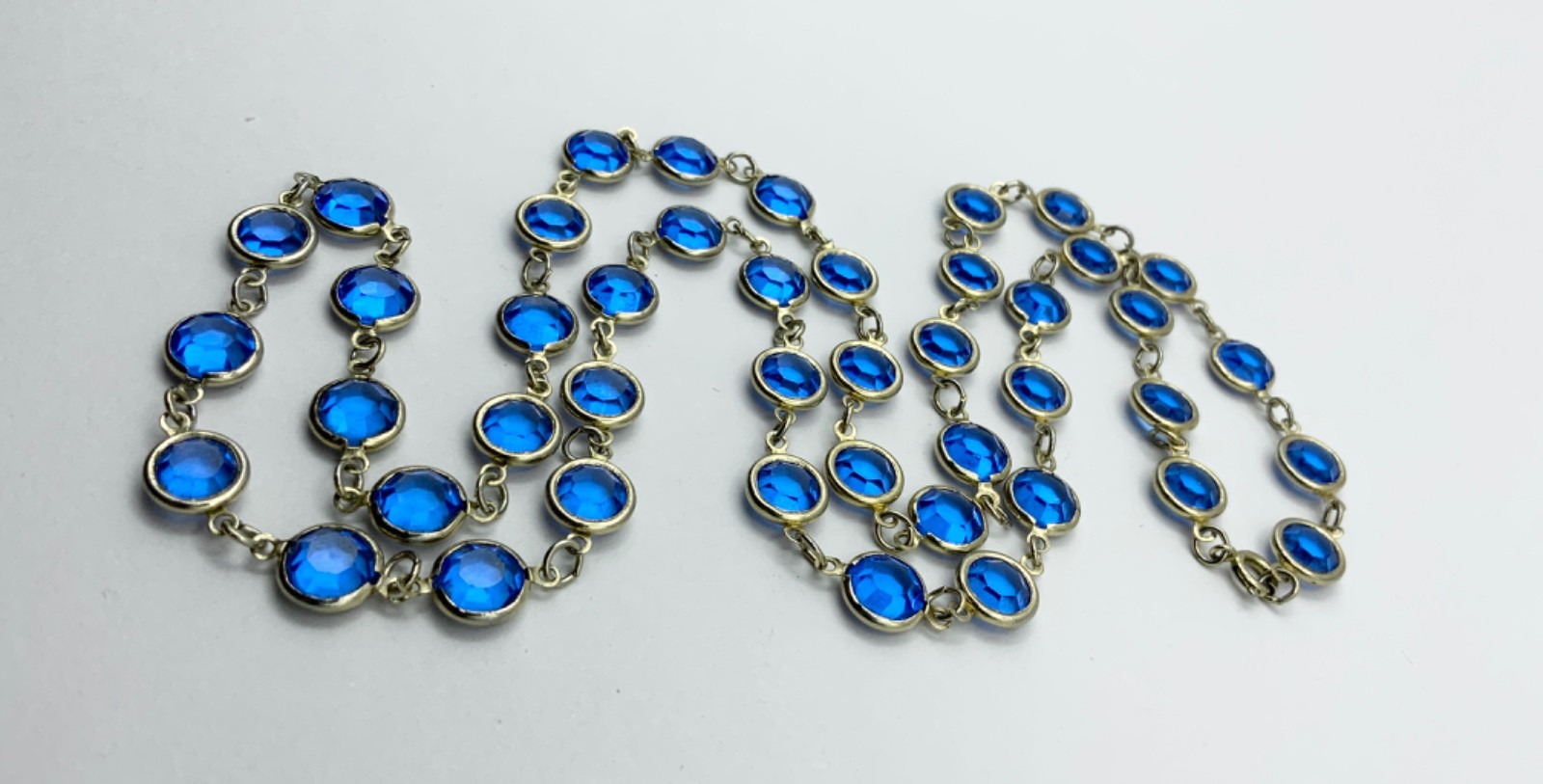 Vintage Blue Bezel Edge Necklace Gold Tone Metal Glass Beads 74cms