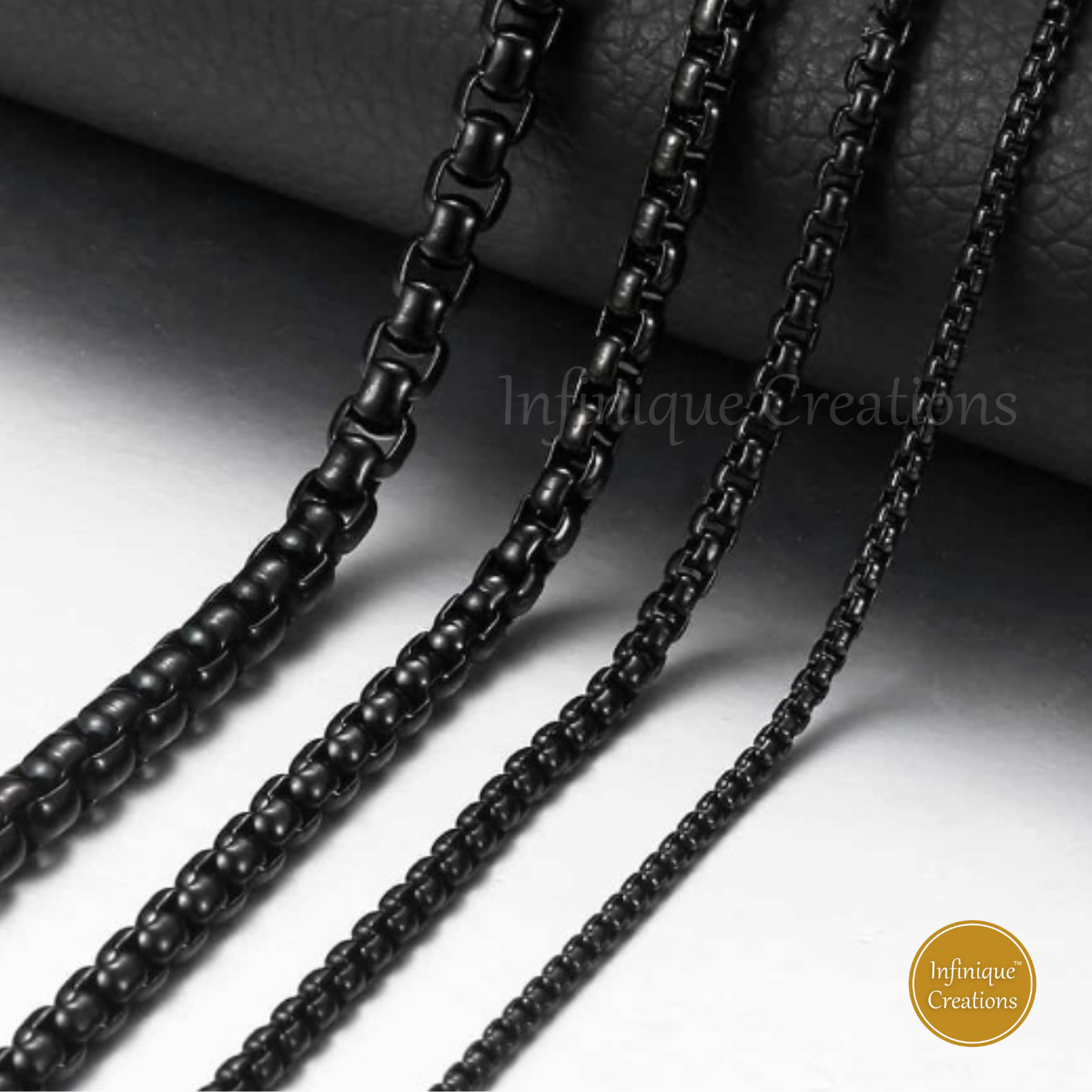 18k IP Black Plated Stainless Steel Round Box Chain Bracelet Necklace 7-38″