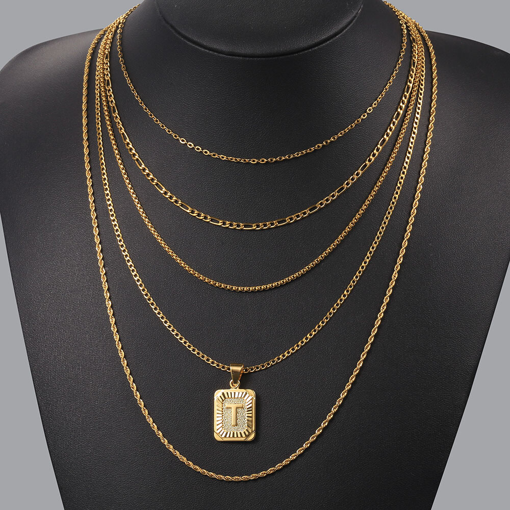Womens Mens Gold Filled A-Z Pendant Necklace Choker Stainless Steel Multi Chains