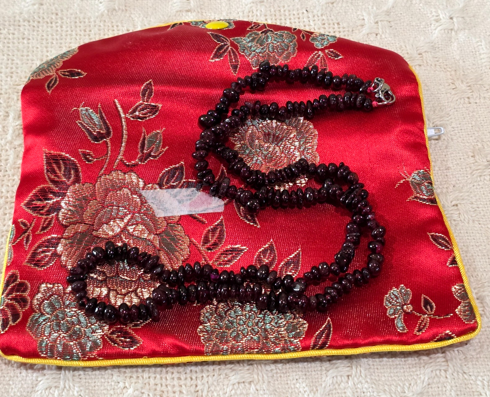 Vintage Natural Red Garnet Nugget Bead Beaded Necklace Original Silk Satin Bag