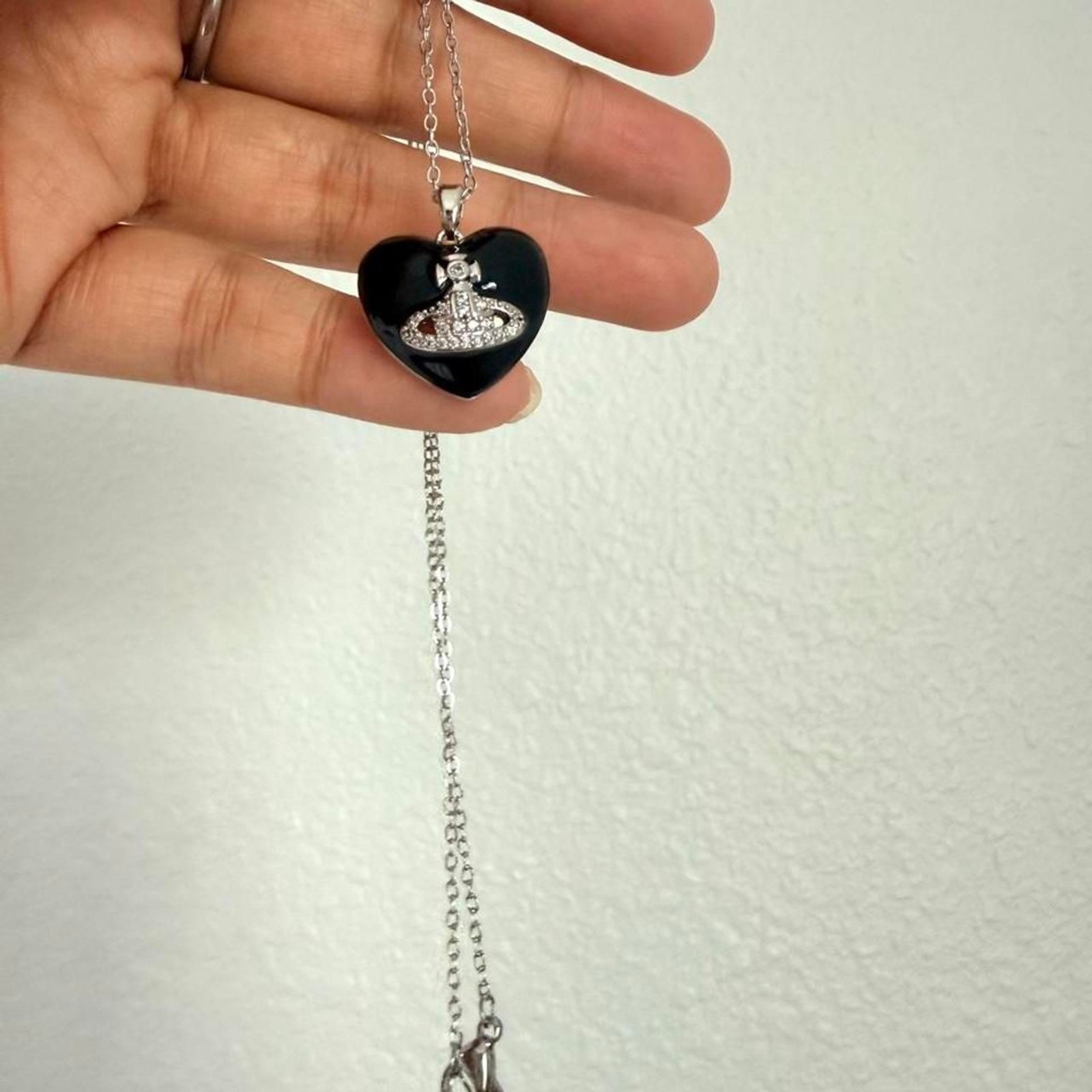 Black Heart Saturn CZ Pendant Stainless Steel Necklace