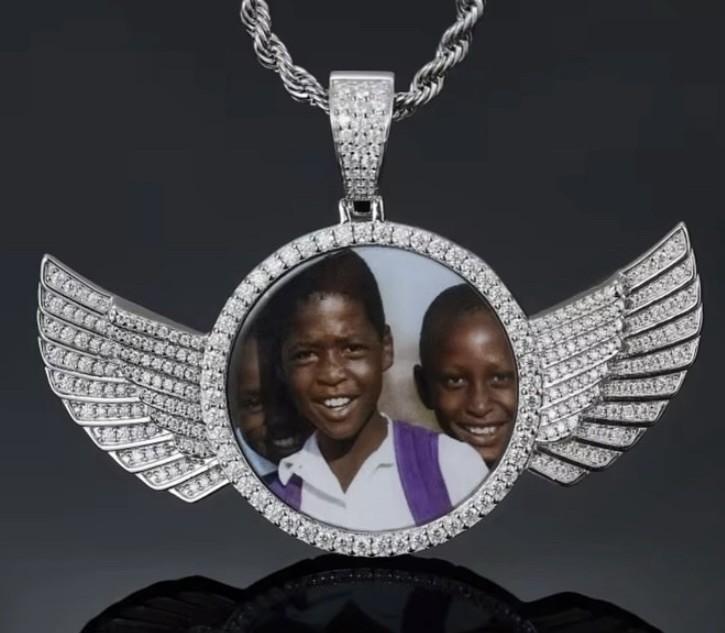 Silver Tone Pavé Iced Out Round Engraved Photo Pendant Rope Chain Necklace