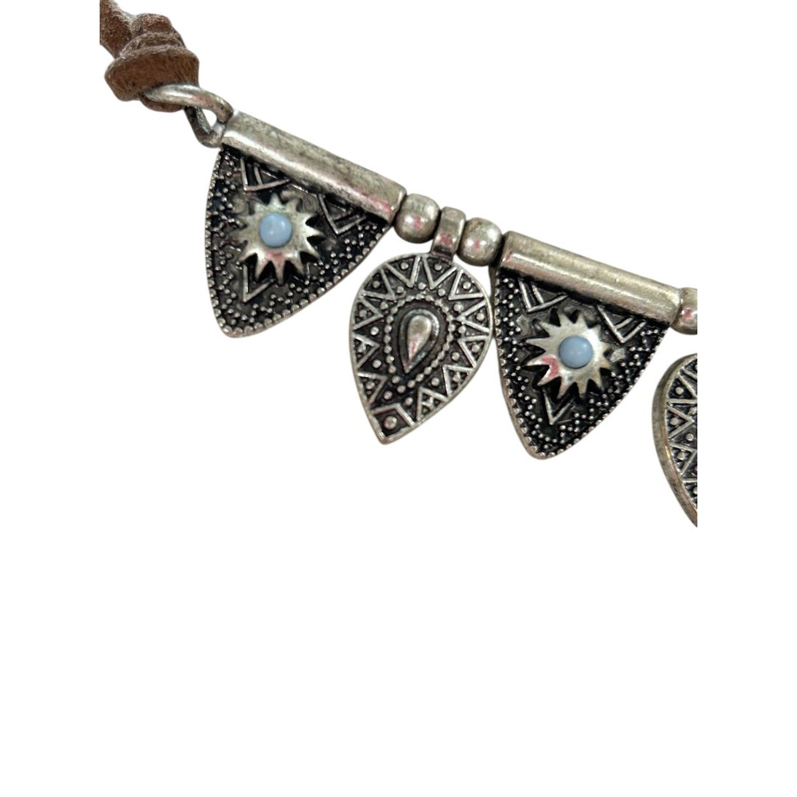 Cord and Metal Southwestern Style Necklace 15.5-18 Inch Silvertone Lobster Clasp