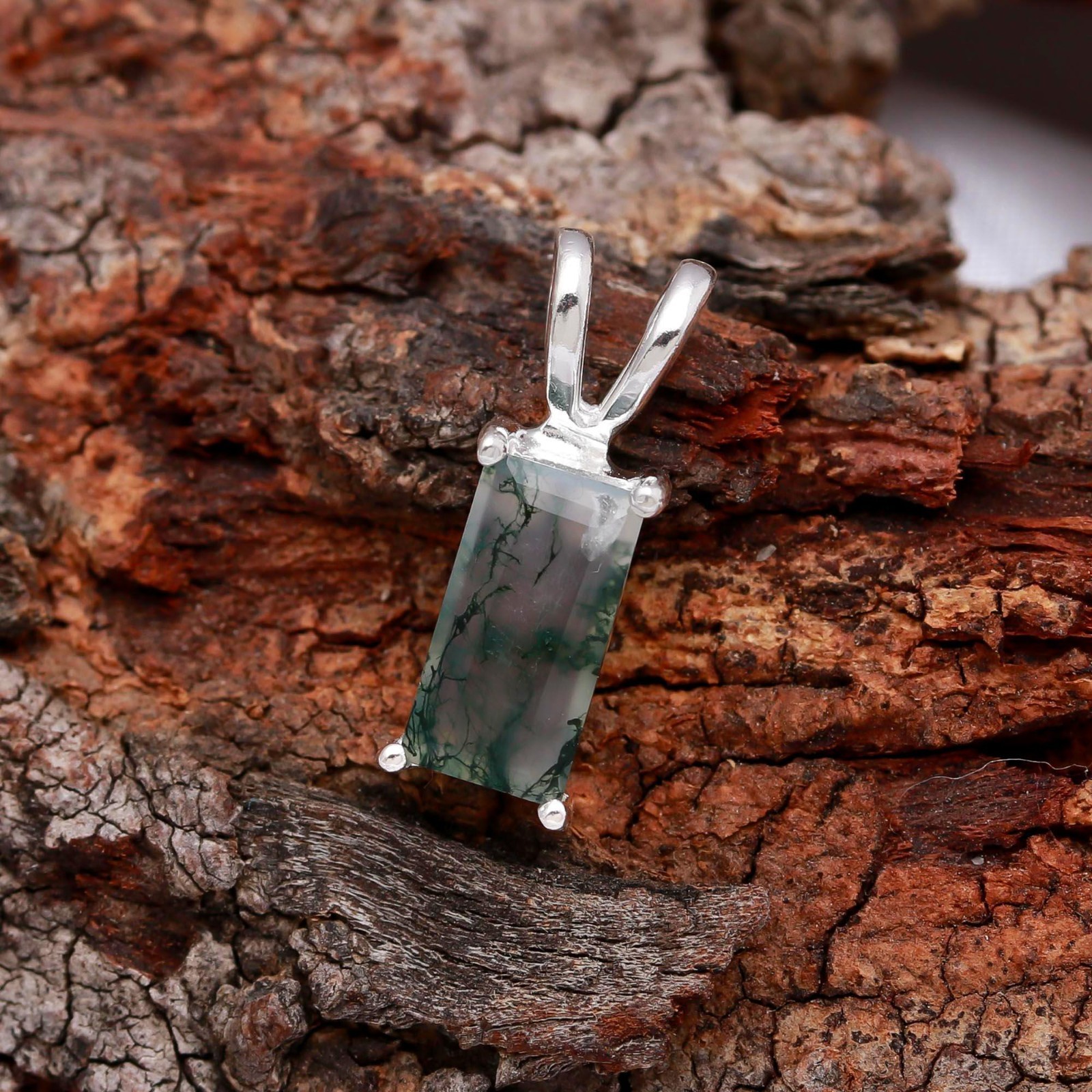 Natural Moss Agate Octagon Pendant 925 Sterling silver Jewelry Gift For Lovers