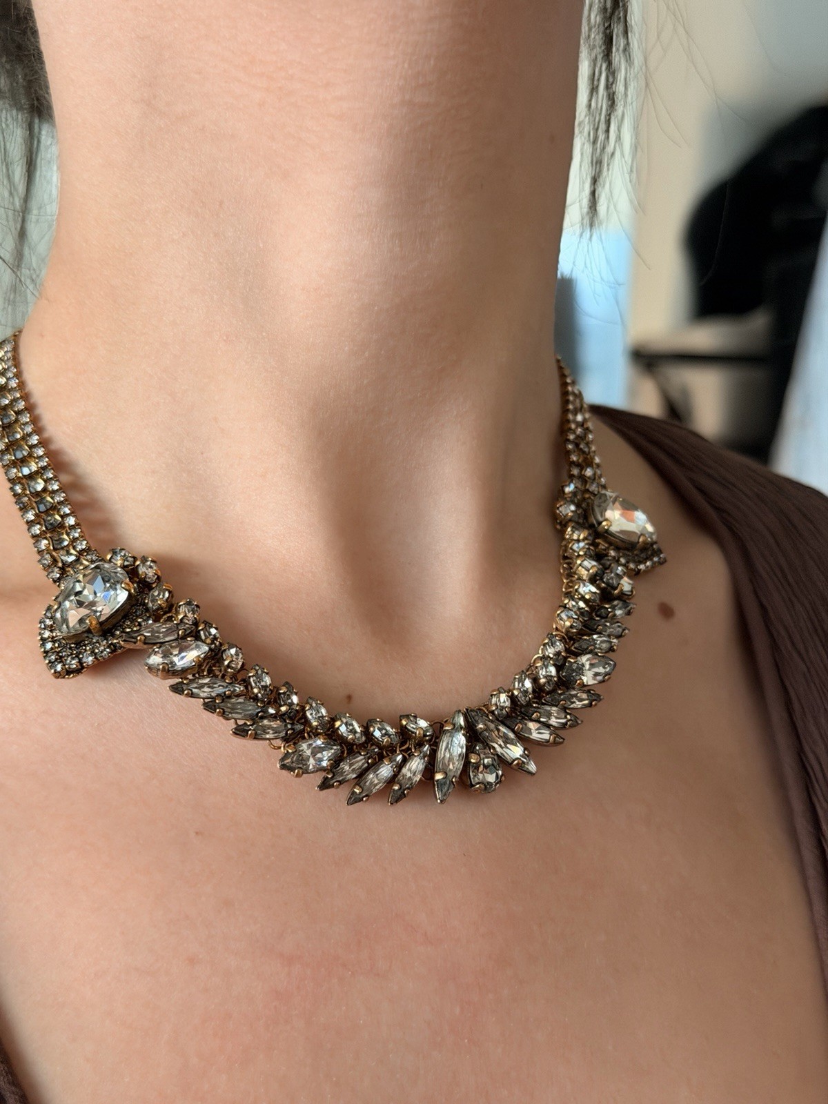 Erickson Beamon Crystal Teardrop Statement Bib Necklace Gold Tone Signed