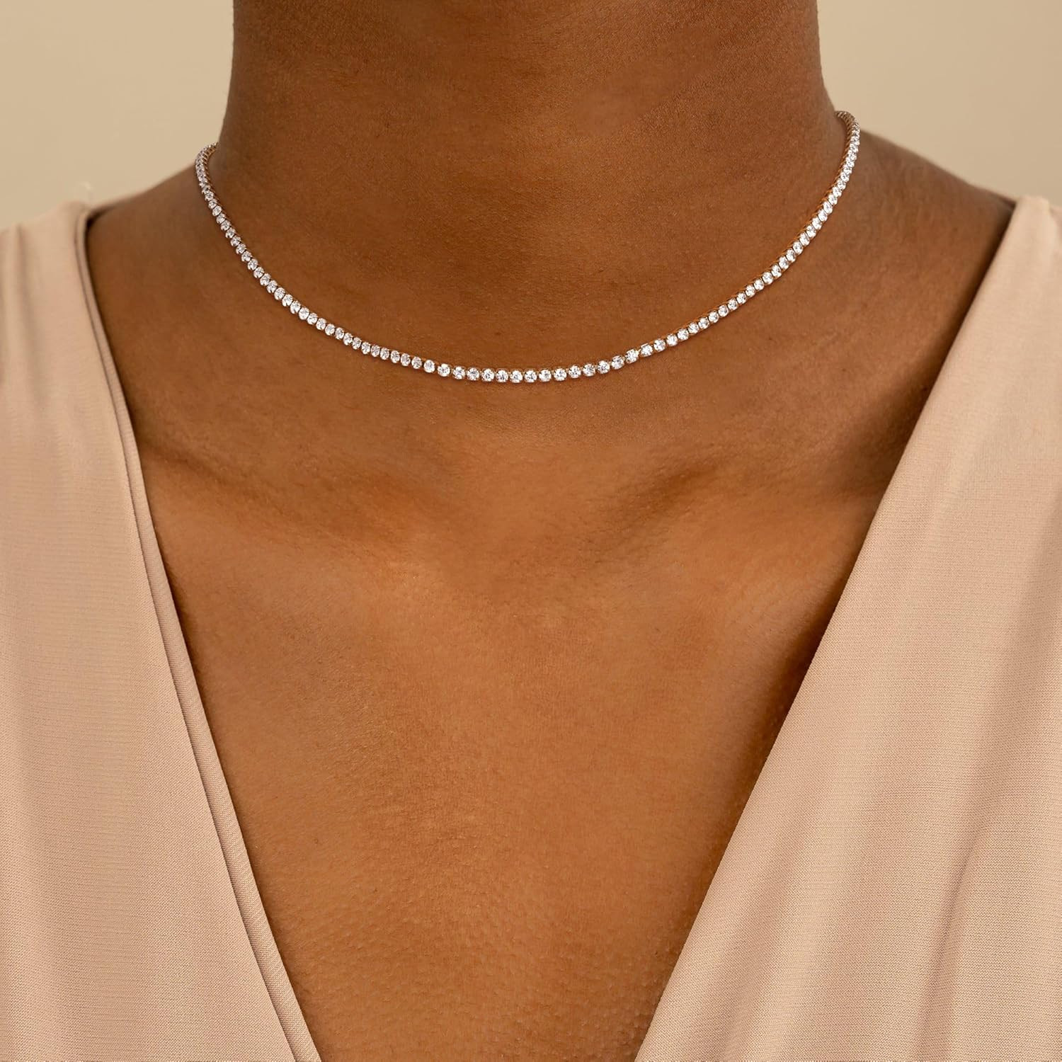 14K Gold Tennis Necklace Women’s CZ Sterling Silver Dainty Rhinestone Chain Gift
