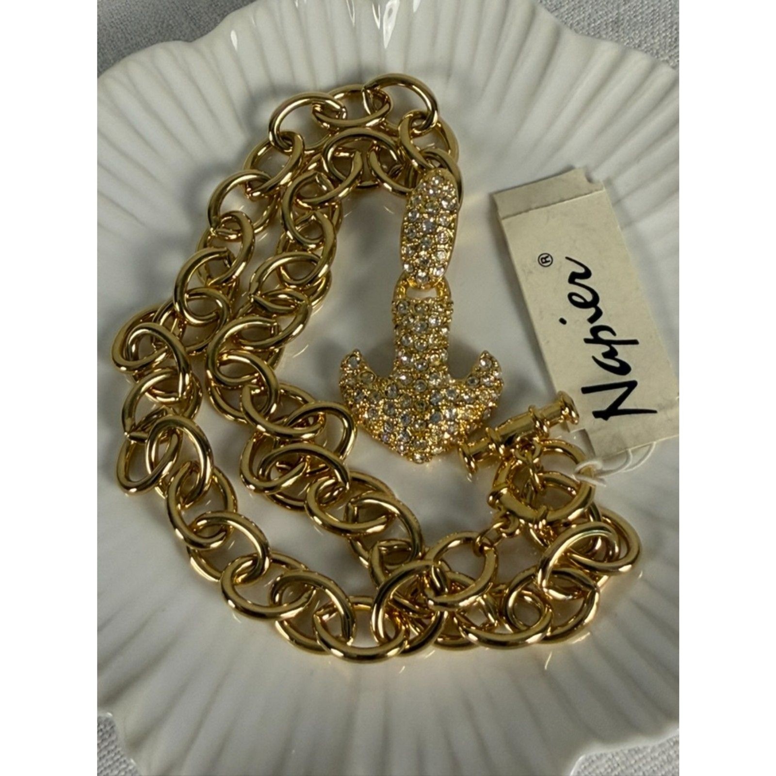 NWT Napier Gold Tone Crystal Articulated Anchor Necklace Removable Pendant 16″