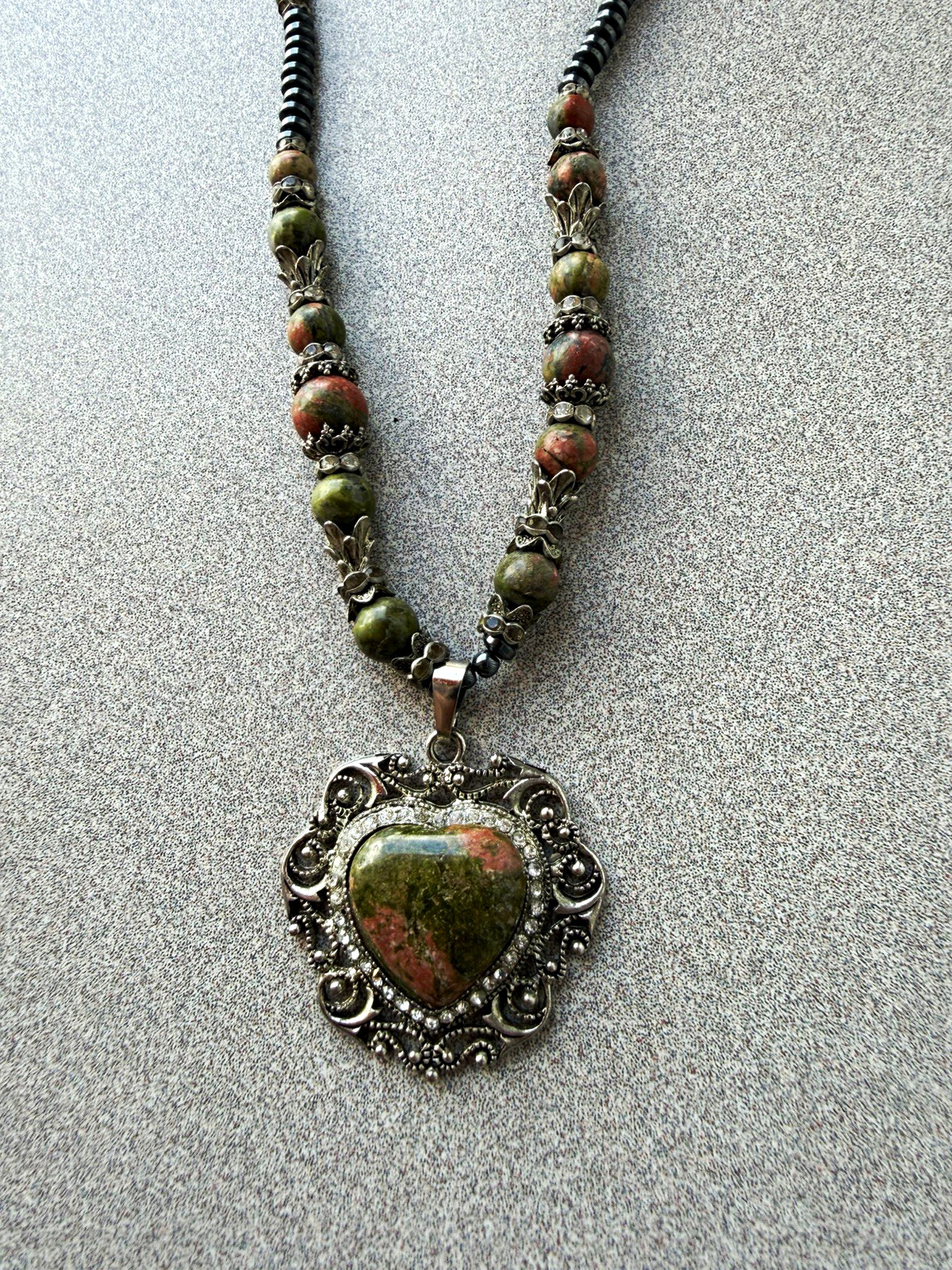 Unakite Heart Pendant Necklace Hematite Beads Boho Statement Silver Tone 18-20”