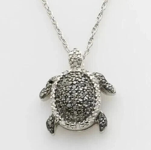 1.50Ct Simulated White &Black Diamond Turtle Pendant Chain 14K White Gold Plated