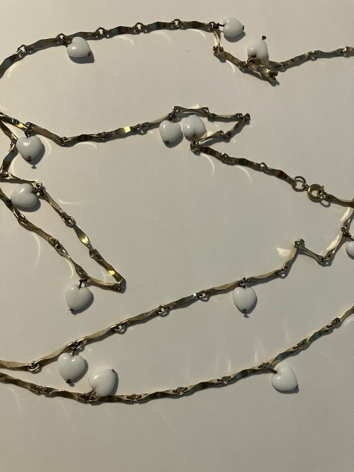 White Hearts And Gold Tone Chain Necklace 26 inch long