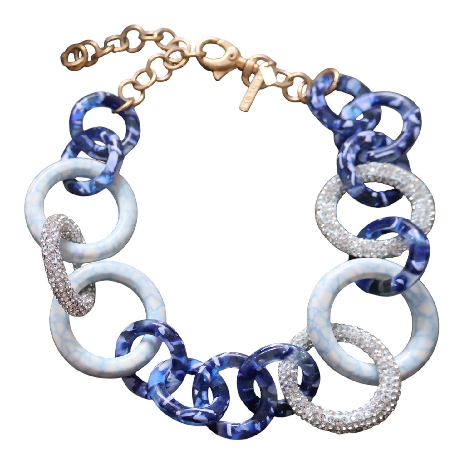 Lele Sadoughi Blue Marble Pavé Crystal Hoop Link Gold Statement Necklace EUC