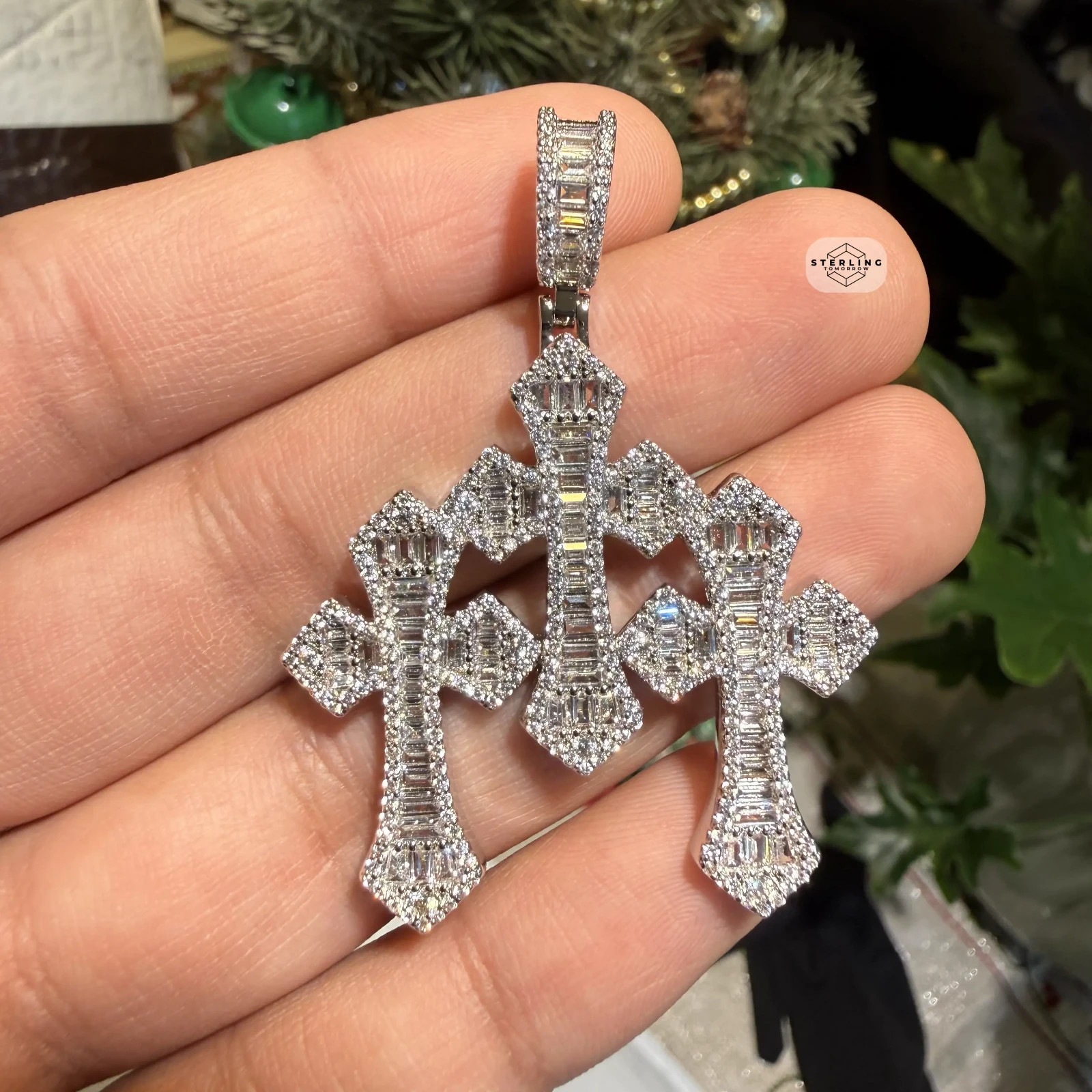 Triple Cross Baguette 14k White Gold Plated Iced Pendant + Steel Rope Chain