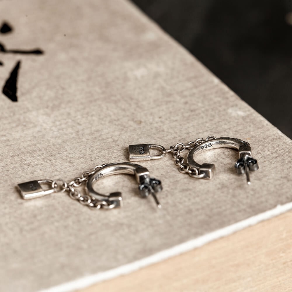 C-shape Small Hoop w/ Chain Lock Drop Post Earrings Gothic 925 Sterling Silver