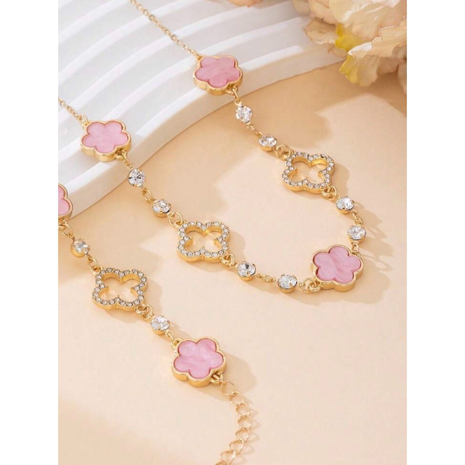 New Gold and Pink Clover Necklace and Bracelet Set