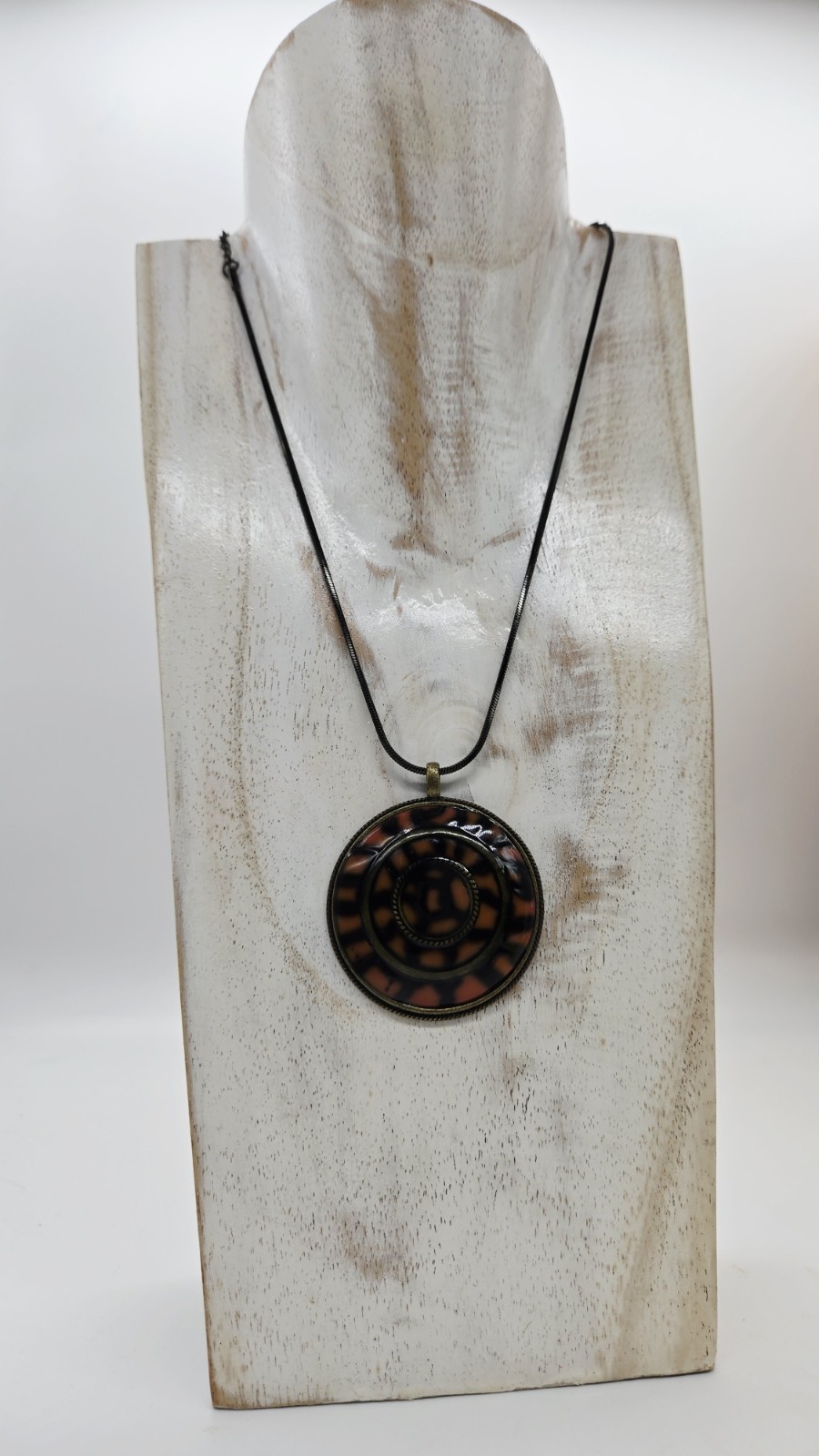 Black & Orange Multicolored enamel Medallion Pendant Necklace Art Deco 18 in